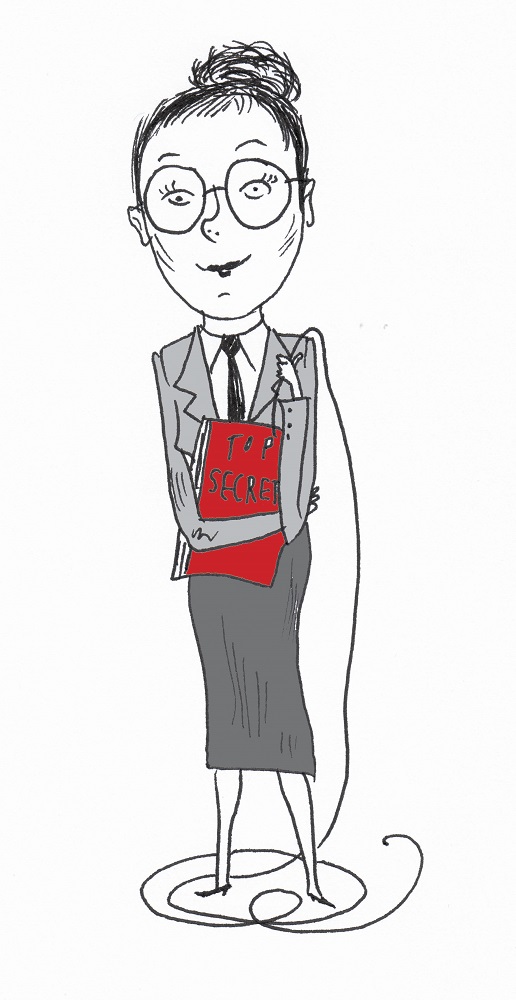 A cartoon illustration by John Levers of Diana Prince, a smiling in a suit and big glasses, holding a red folder labelled "top secret"